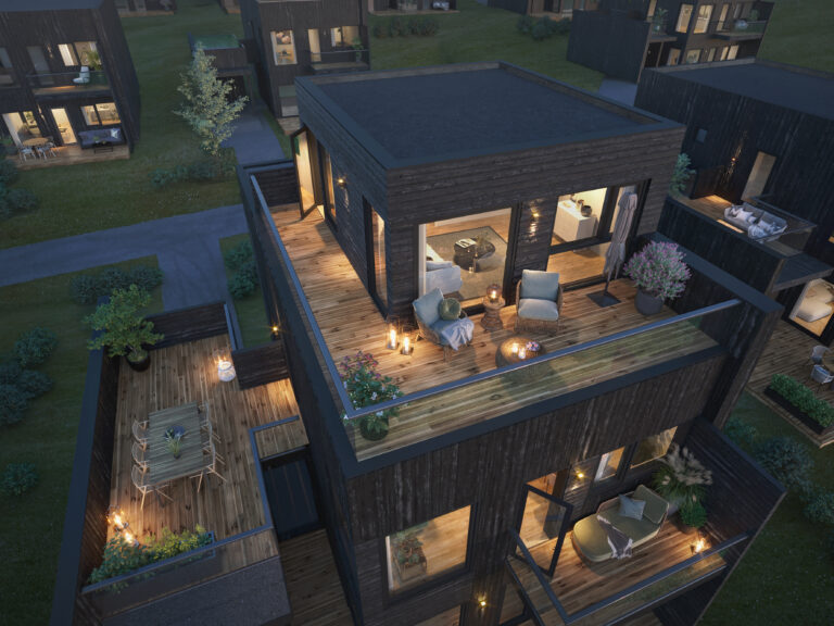 en 3d-gjengivelse av et moderne hus om natten.