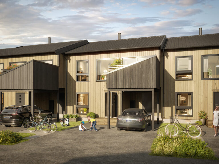 en gjengivelse av et rekkehus med en sykkel parkert foran.