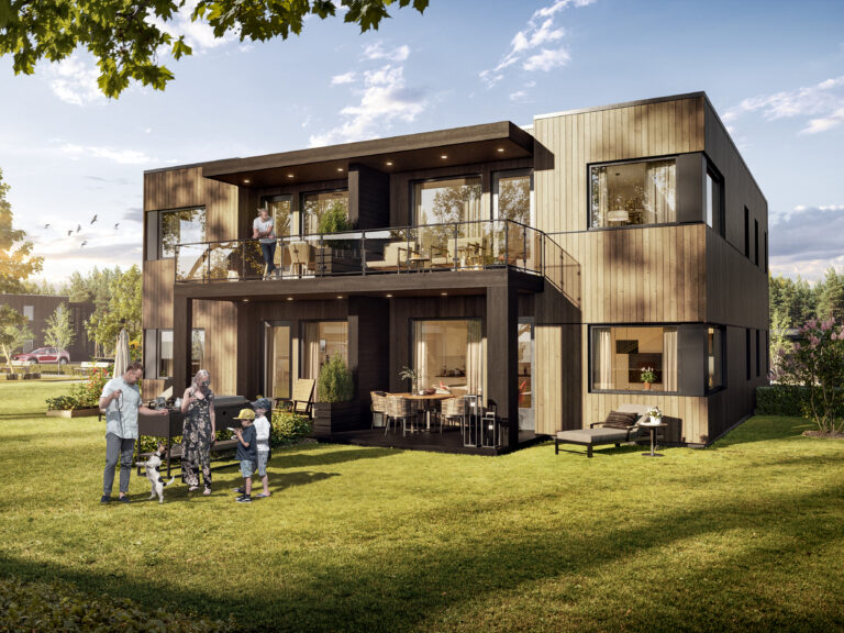 en kunstners gjengivelse av et moderne hjem.
