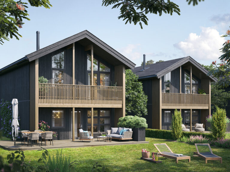 et svart hus med balkong.