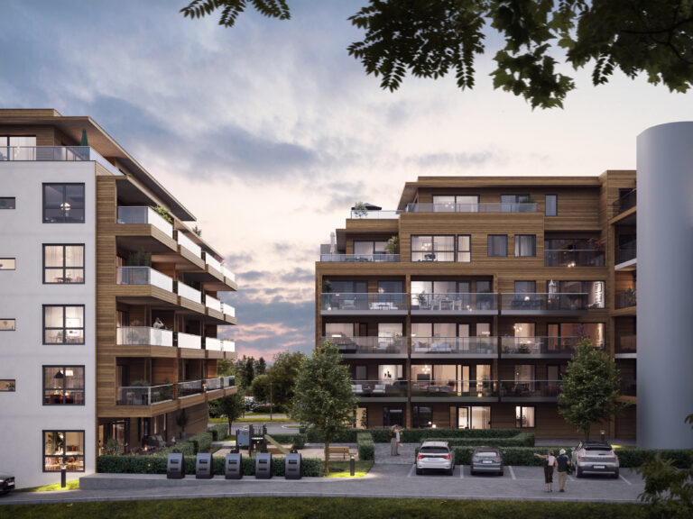 en gjengivelse av en bygård i skumringen.