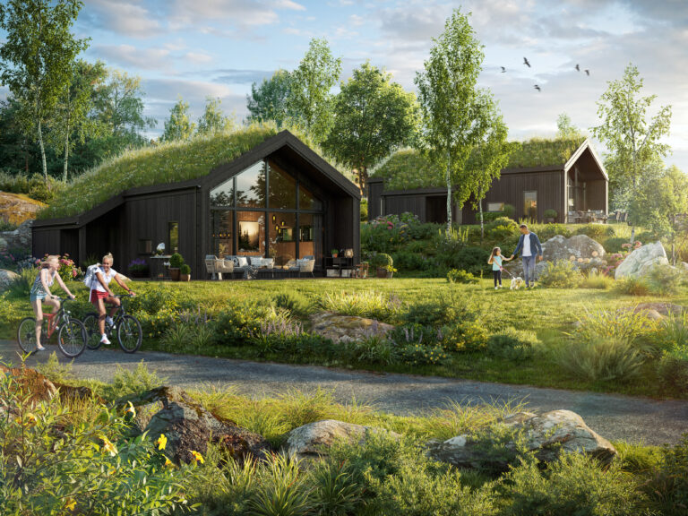 en kunstners gjengivelse av en hytte med gresstak.
