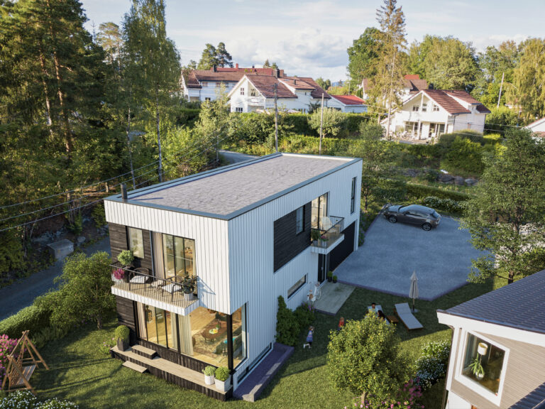 en luftfoto av et moderne hus i sverige.