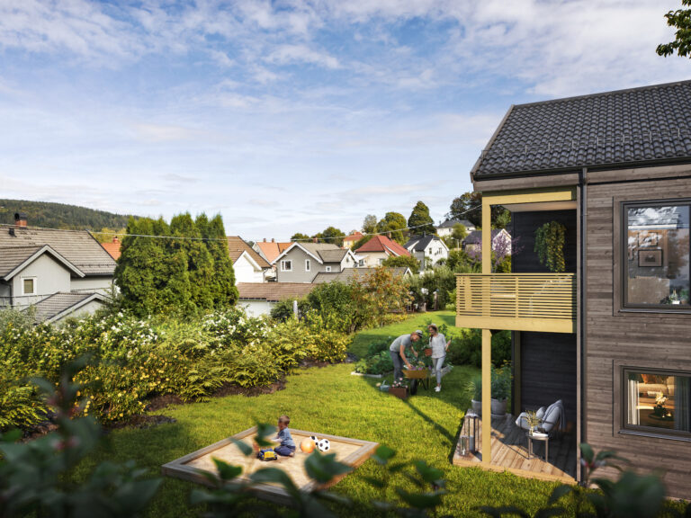 en kunstners gjengivelse av et hus i en hage.