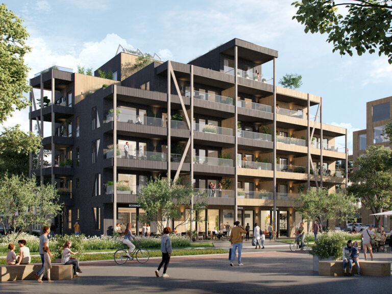 en kunstners gjengivelse av en bygård.