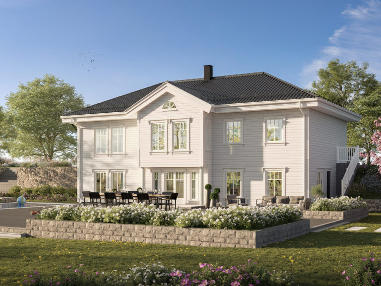 en 3d-gjengivelse av et hvitt hus med en hage.