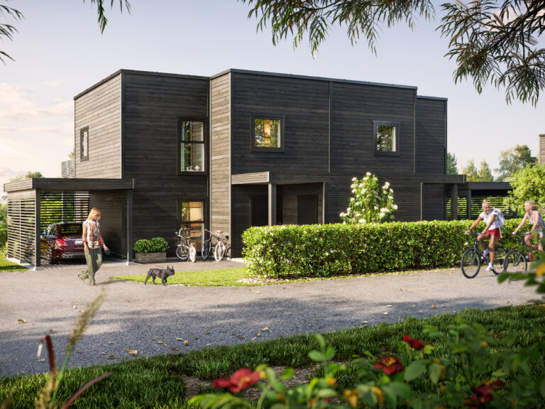 en gjengivelse av et svart hus med folk som sykler foran det.