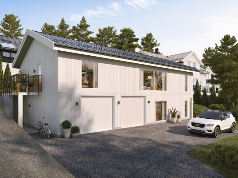 en gjengivelse av et hus med en bil parkert foran.