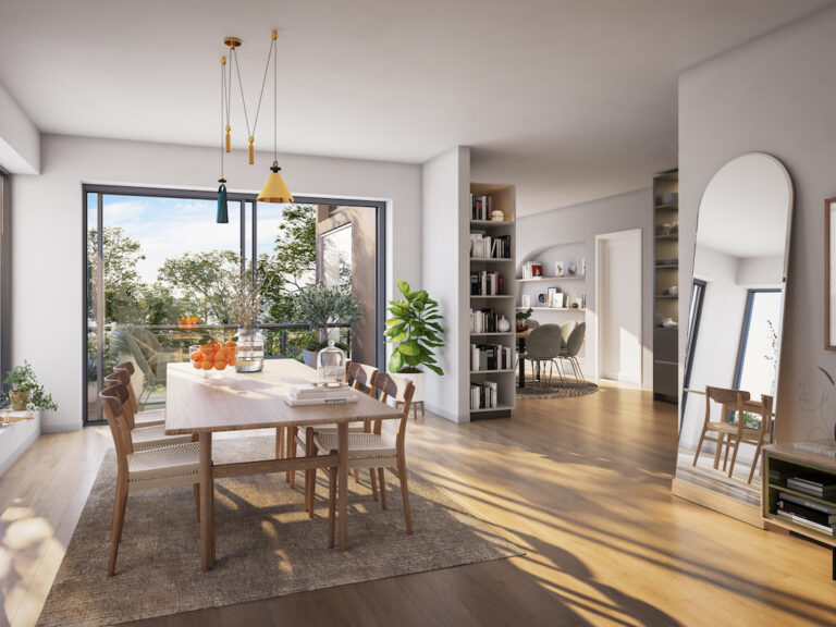 3D-gjengivelse av en spisestue i en moderne leilighet.
