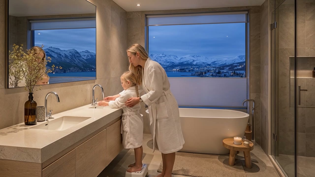 Åsland i Tromsø: mor hjelper datteren med håndvasken på badet, fjorden i skumring utenfor