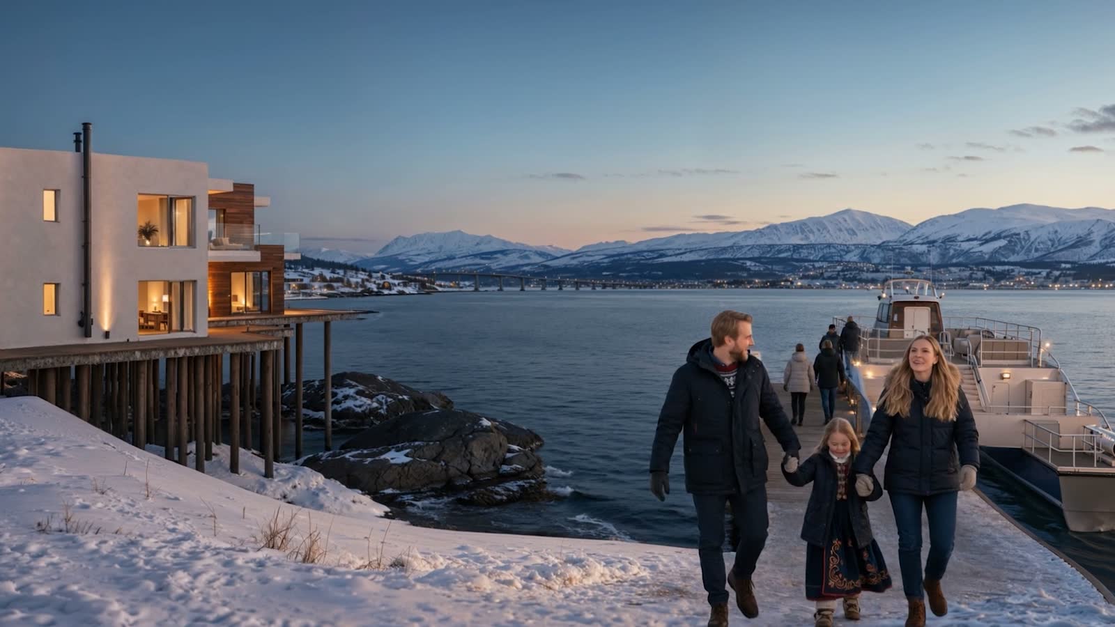 Åsland i Tromsø: familie på bryggepromenaden foran boligprosjektet i skumring